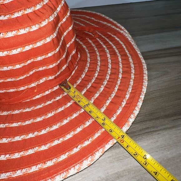 J Hats Wide Brim Straw Ribbon Sun Hat Orange Apricot & White Floppy Wire Brim - Picture 5 of 7